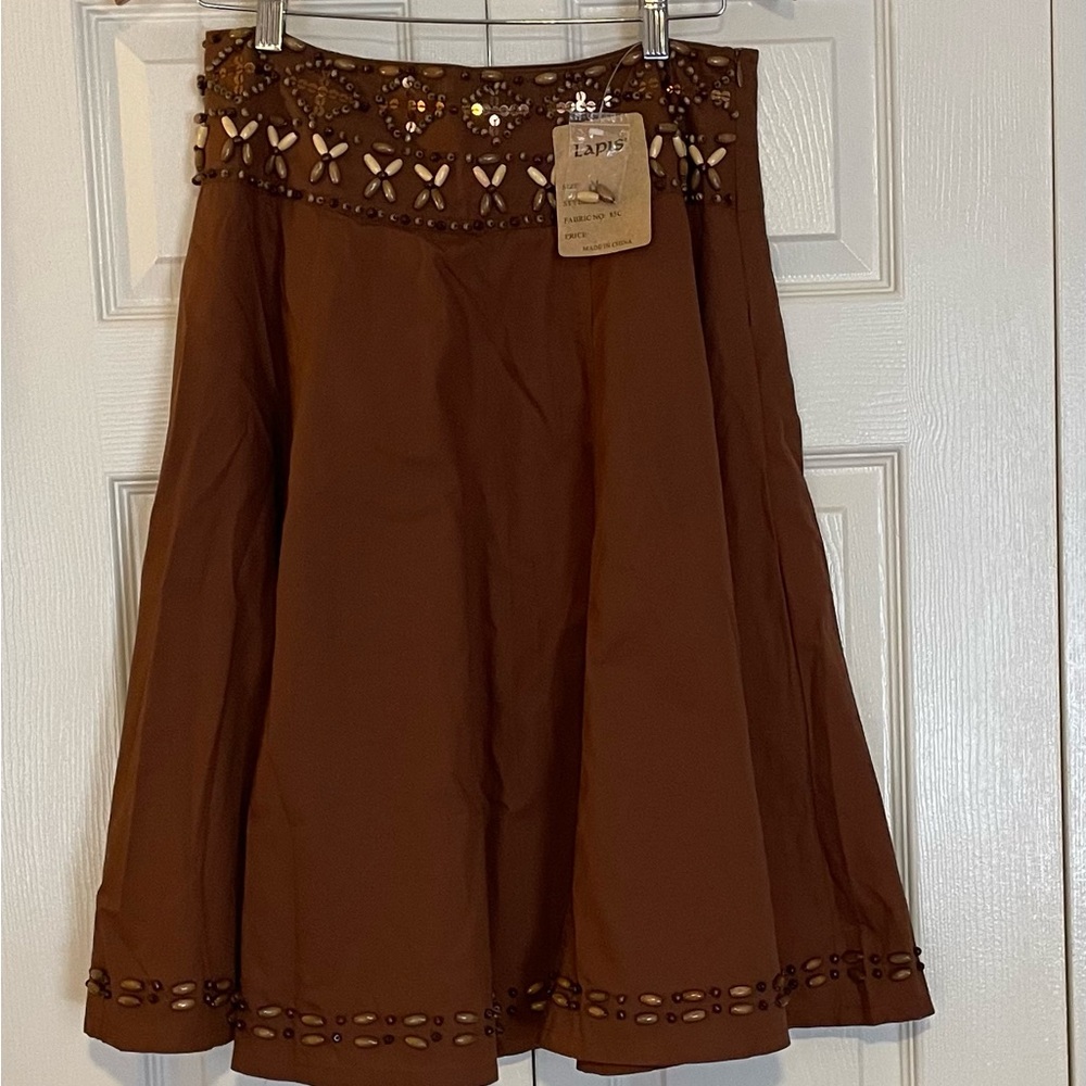 Lapis Chocolate Brown Skirt with Wooden Bead Details, Size M. New with Tags